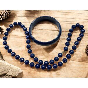 Vintage Navy Blue Beaded Necklace & Bangle Bracelet Set